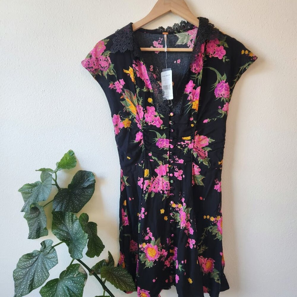 Free People Black Dress with Pink and Green Floral